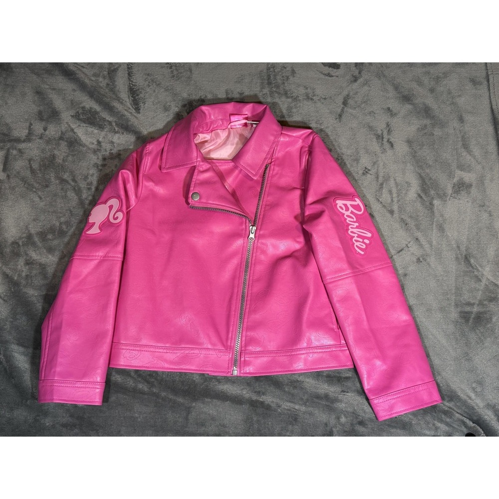 Barbie Faux Leather Jacket Girls 7/8 Pink Biker Moto Logo Lined Barbiecore